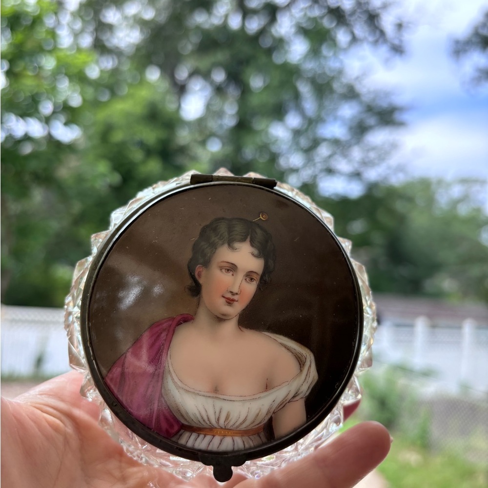 Unique Vintage Vintage Cut Crystal Dresser Jar with Hand-Painted Portrait